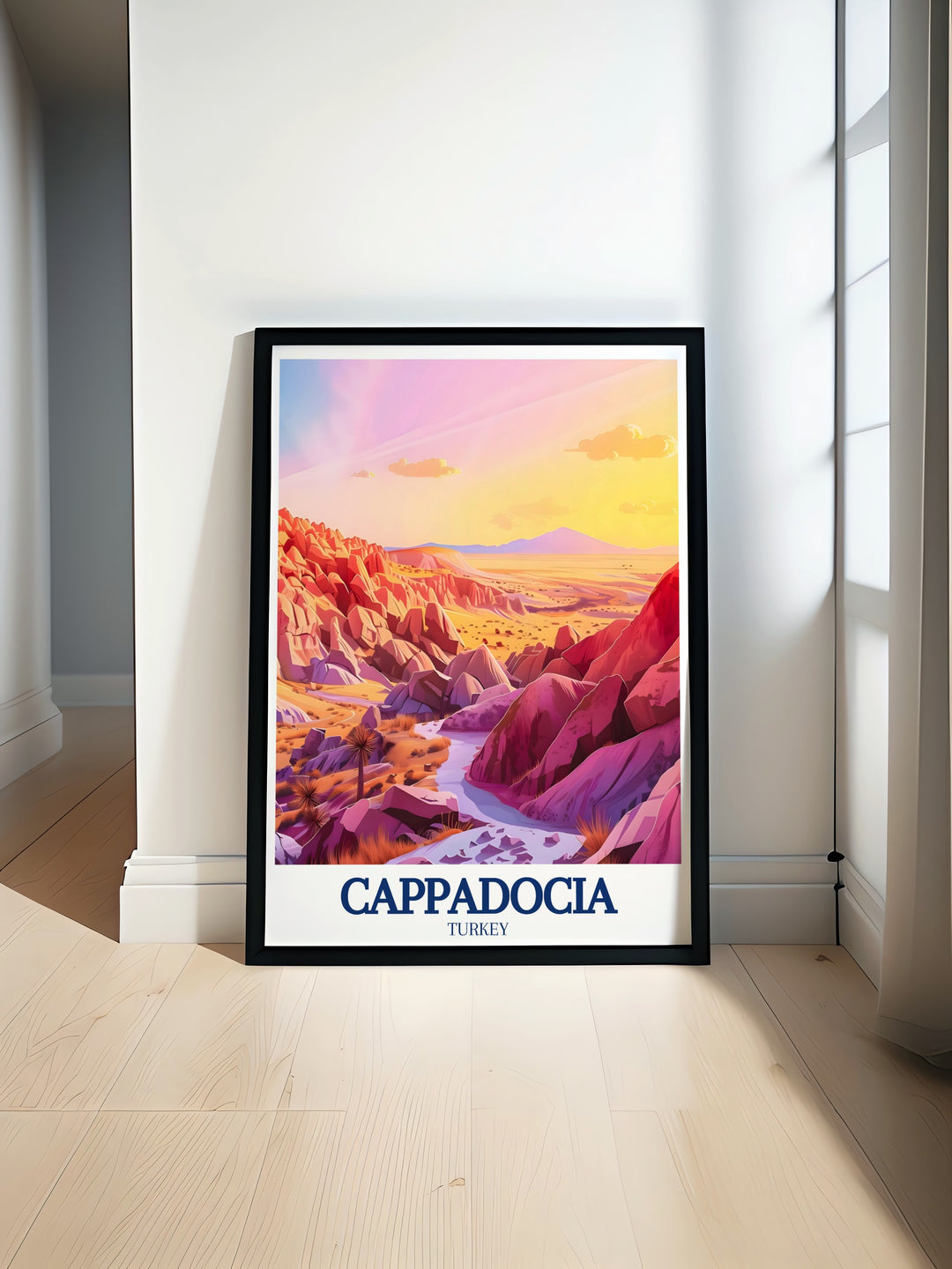 This Cappadocia travel poster captures the warm, reddish hues of the Rose & Red Valley at sunset. A must have for travel lovers, this wall art brings the unique landscapes of Turkey to your living room or bedroom.