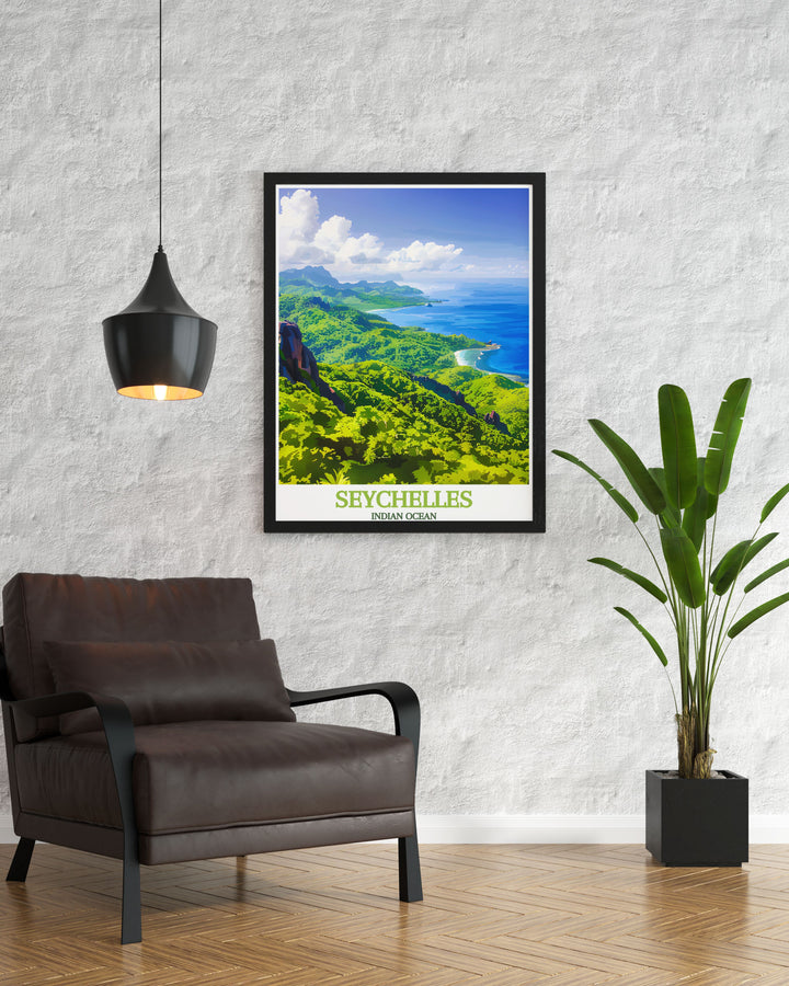 This travel poster features Vallée de Mai in Seychelles, showcasing its unique palm forest and rare Coco de Mer palms, inviting viewers to explore the untouched natural beauty of this UNESCO World Heritage Site.