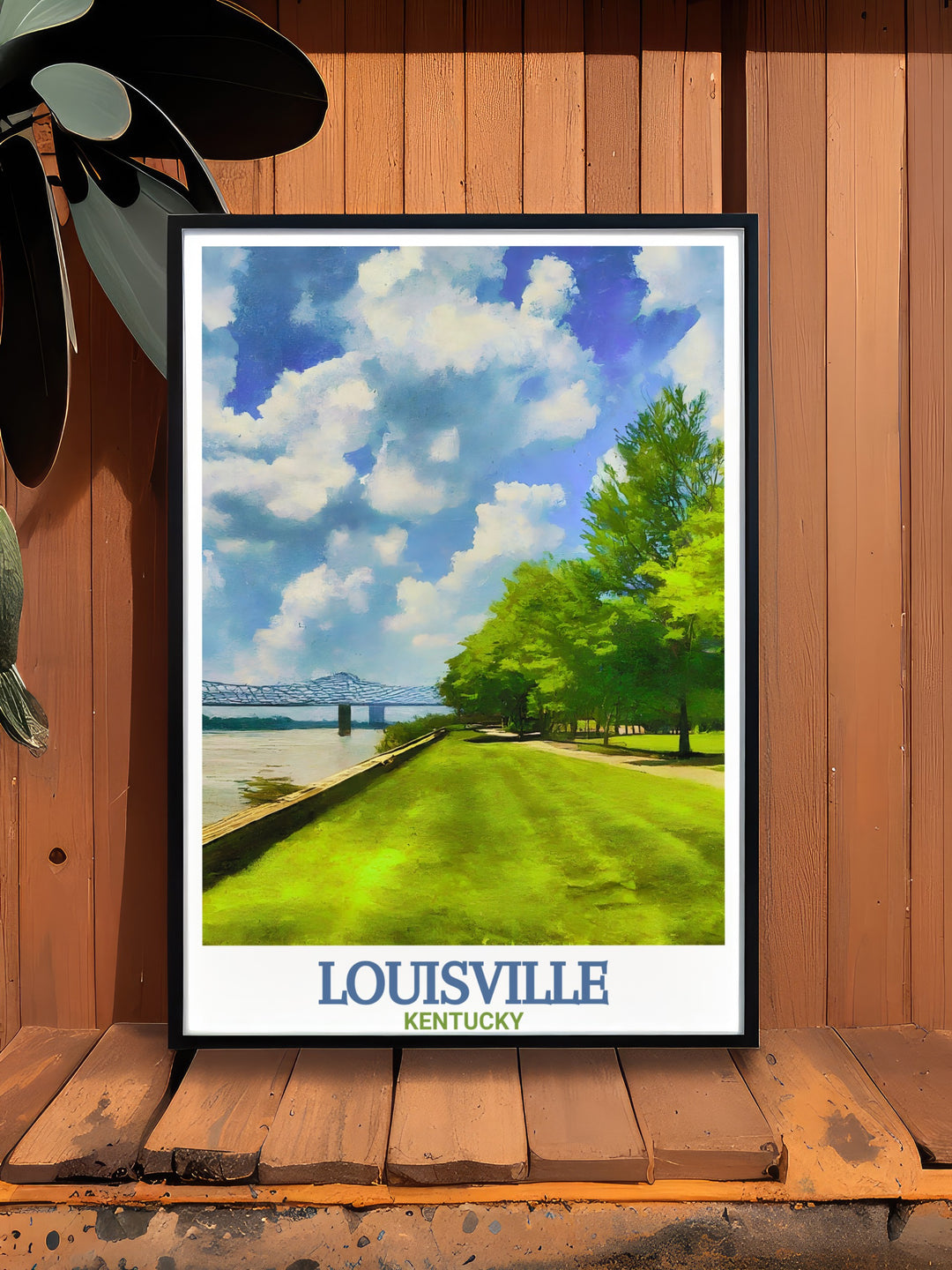 This travel print of Louisvilles Waterfront Park captures the serene beauty of the Ohio River and the parks iconic views. The artwork features a bold color palette, bringing the charm of Kentuckys natural scenery into your home or workspace.