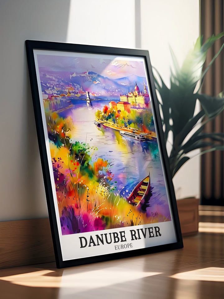 This Danube River art print featuring Budapest Castle Budapest is an elegant addition to any home decor. It celebrates the rich cultural heritage of Hungary and makes a thoughtful travel gift. Perfect for bringing a touch of European charm into your space.