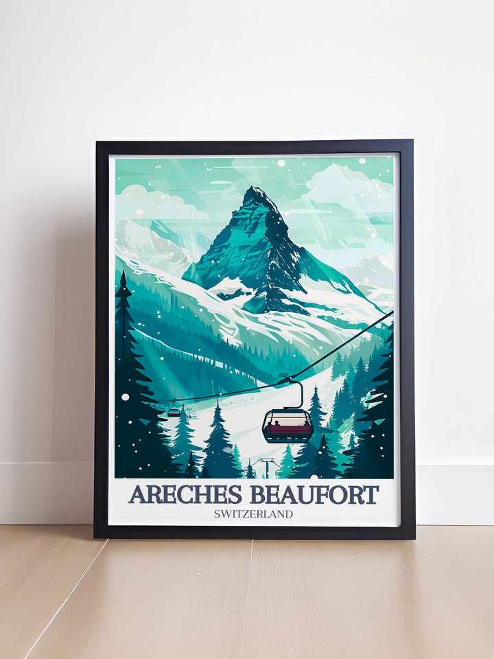 Stunning Ski Resort Poster highlighting Pierra Menta Cuvy Chairlift and Areches Beaufort is a must have for any fan of the French Alps Ideal for ski enthusiasts looking for vintage skiing art this wall print adds charm and adventure to your home decor