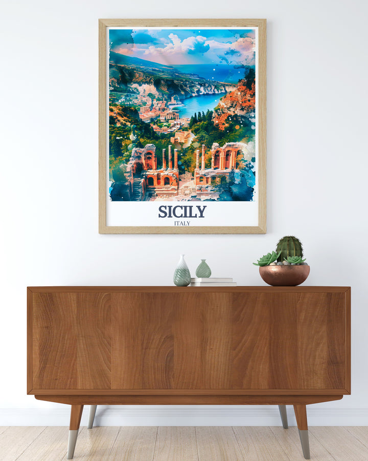 A stunning Sicily poster depicting the Valley of the Temples and Teatro Antico di Taormina, ideal for those who love Italian history and travel. This vibrant art print adds a touch of Mediterranean charm to any room.