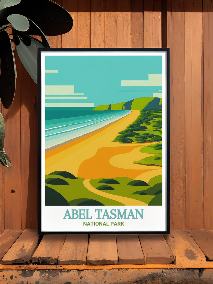 Add a piece of New Zealand paradise to your walls with this vibrant Totaranui Beach Poster showcasing the golden sands and turquoise waters of this stunning beach along the Abel Tasman Coast Track