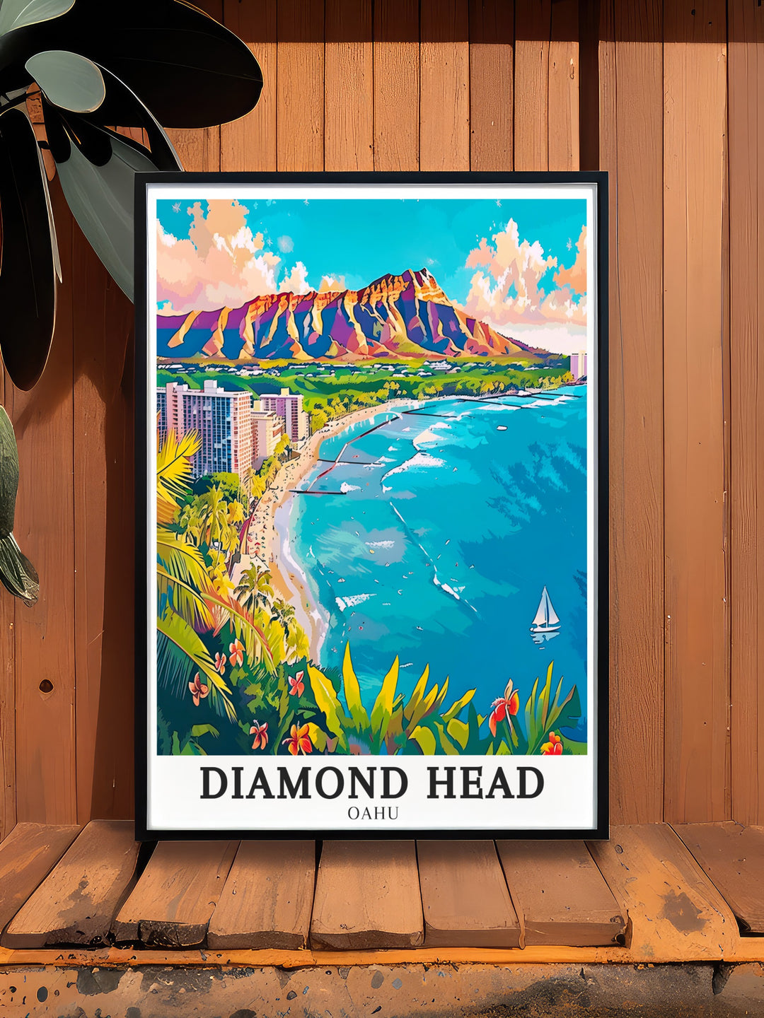 Diamond Heads distinct volcanic silhouette rises above Waikiki Beach in this beautiful Hawaii wall art. The vibrant colors and detailed depiction make it a standout piece for any room, offering a visual escape to the tropical paradise of Hawaii with its blend of natural wonder and serene coastal scenery.