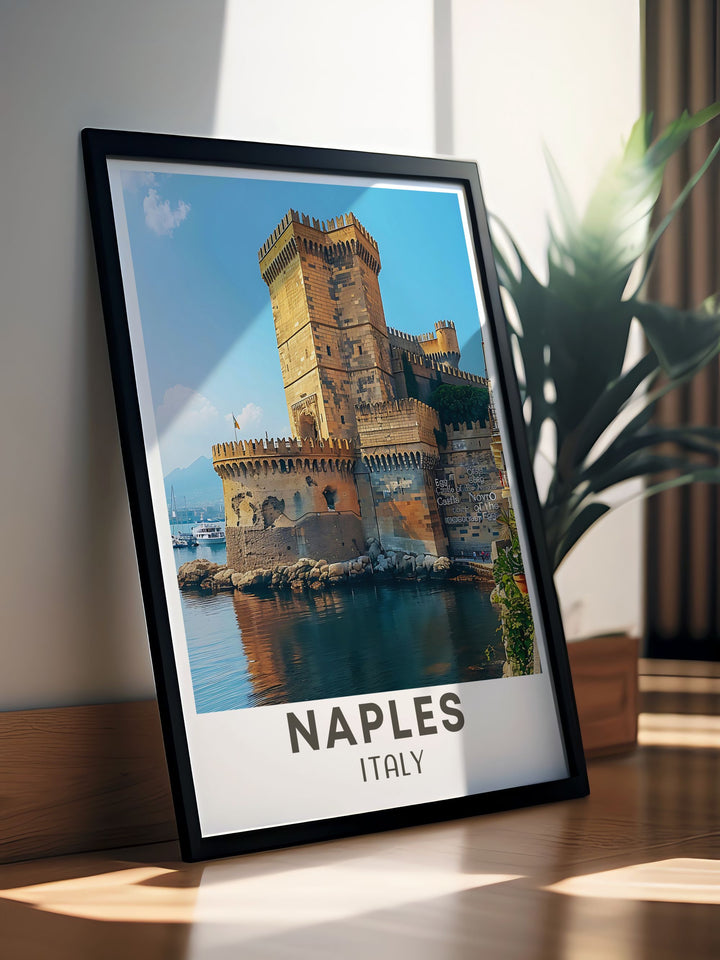 Stunning NAPLES Poster featuring the bustling streets and serene waterfront of Naples Italy with Castel dell Ovo. Ideal for adding a touch of Italian elegance to your home. Perfect for those who love Italy and its rich heritage.