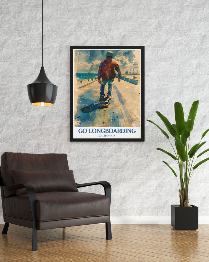 Longboarding Artwork brings the spirit of Venice Beachs skate culture to life. Featuring Muscle Beach and the Venice Boardwalk, this vintage inspired poster is a great addition to any space for lovers of California adventures.