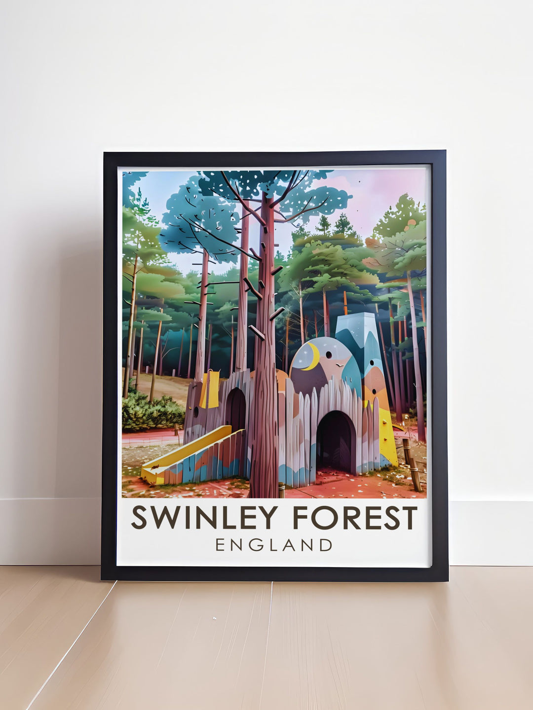 MTB cycling poster capturing the heart of Swinley Forest and Look Out Discovery Centre. Perfect for cycling lovers who want to bring the excitement of mountain biking indoors with a beautifully framed print featuring the lush forest and biking trails.