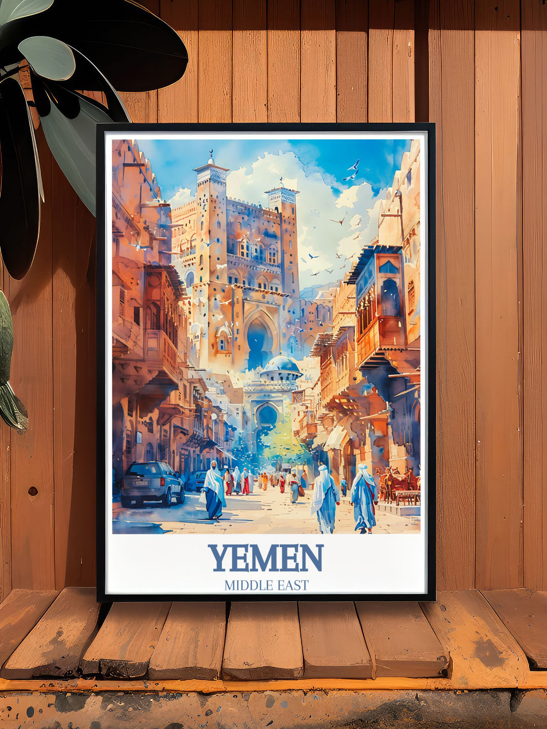 Elegant Yemen Wall Art showcasing Sanaas Al Jami al Kabir mosque and Bab Al Yaman adds a touch of history and culture to any space ideal for vintage poster enthusiasts