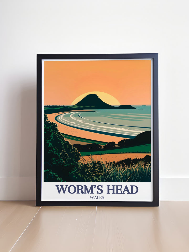 Gower Peninsula Print showcases the natural beauty of Worms Head and Rhossili Bay, offering a vibrant yet calming view of Wales iconic landscapes. This framed art is perfect for nature lovers and travelers, bringing the rugged beauty of the UKs coast into your home.