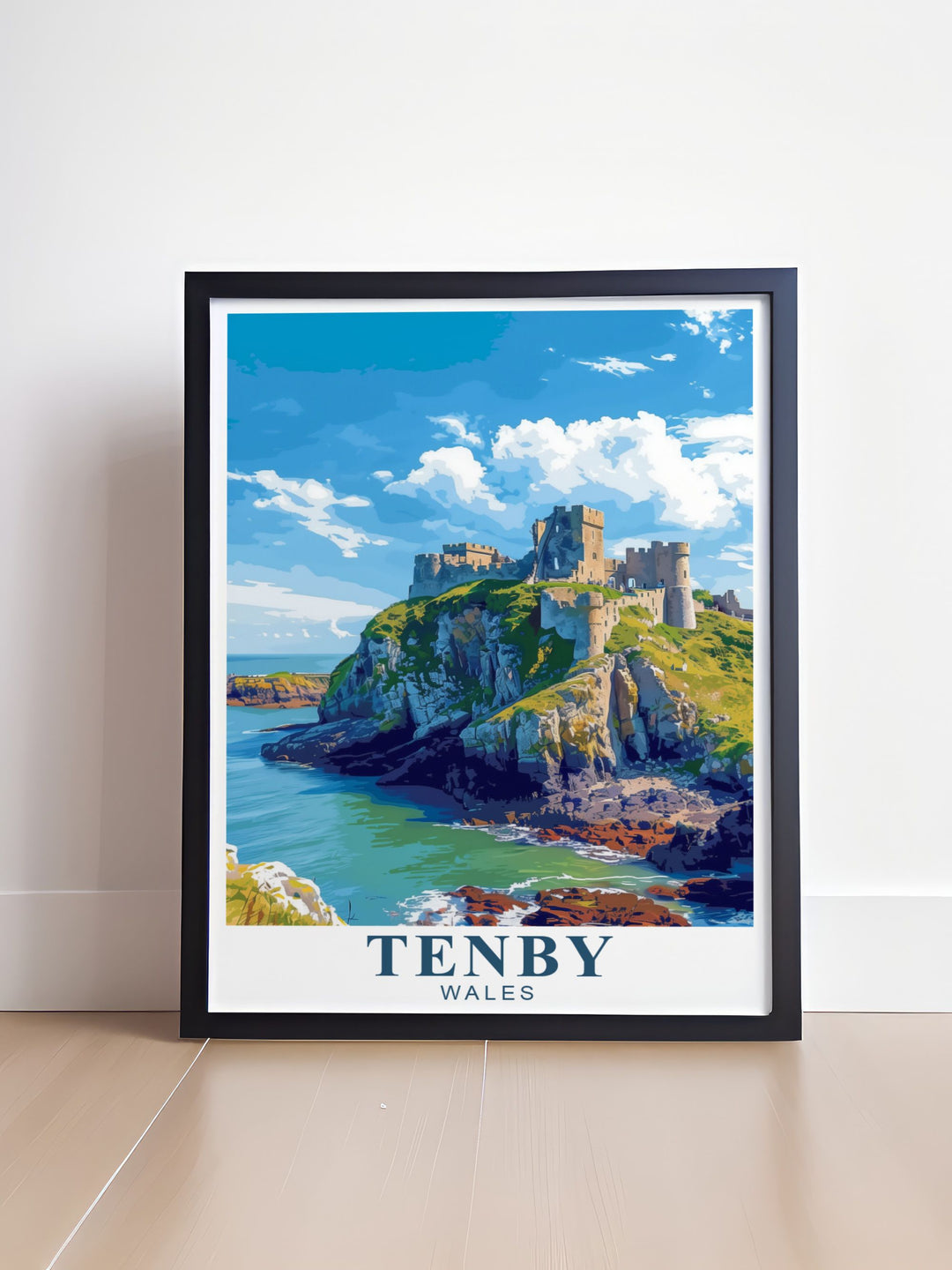 Retro Tenby Poster Print featuring Tenby Castle and St. Catherines Island on the picturesque Pembrokeshire Coast. This vintage travel print is a stunning addition to any home or as a special gift for friends and family.