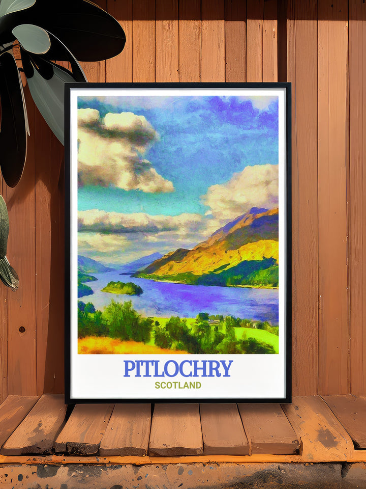 Pitlochry poster print showcasing the serene beauty of Scotlands Highlands, featuring the iconic Queens View overlooking Loch Tummel. This travel print brings the natural splendor of Scotland into your home, making it perfect for nature lovers and those who appreciate Highland landscapes.