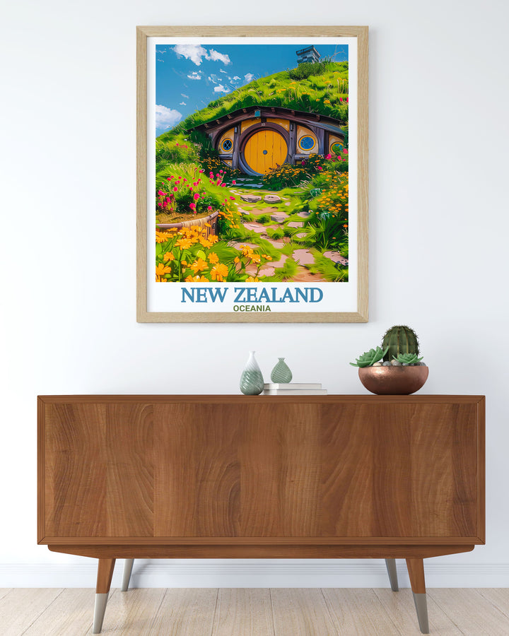 Elegant Akaroa poster and Hobbiton Movie Set artwork showcasing the natural wonders of New Zealand perfect for living room decor or giving as a gift for anyone who dreams of visiting the picturesque landscapes of this incredible country.