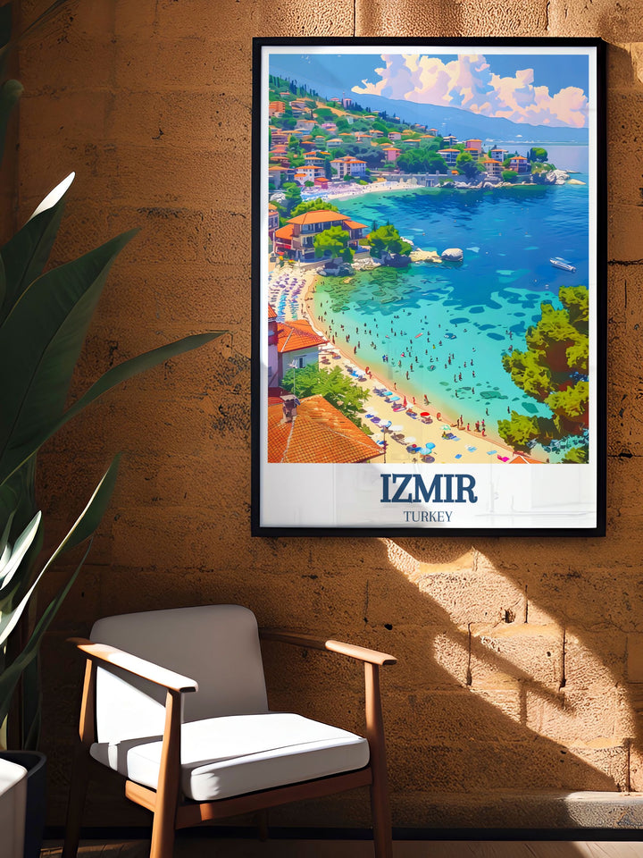 Our Izmir wall art beautifully showcases the history and charm of Turkeys coastal city. Paired with the soft sands of Akkum Beach and the stunning views of the Atlantis Peninsula, this travel print makes a great gift for any lover of Turkish culture.