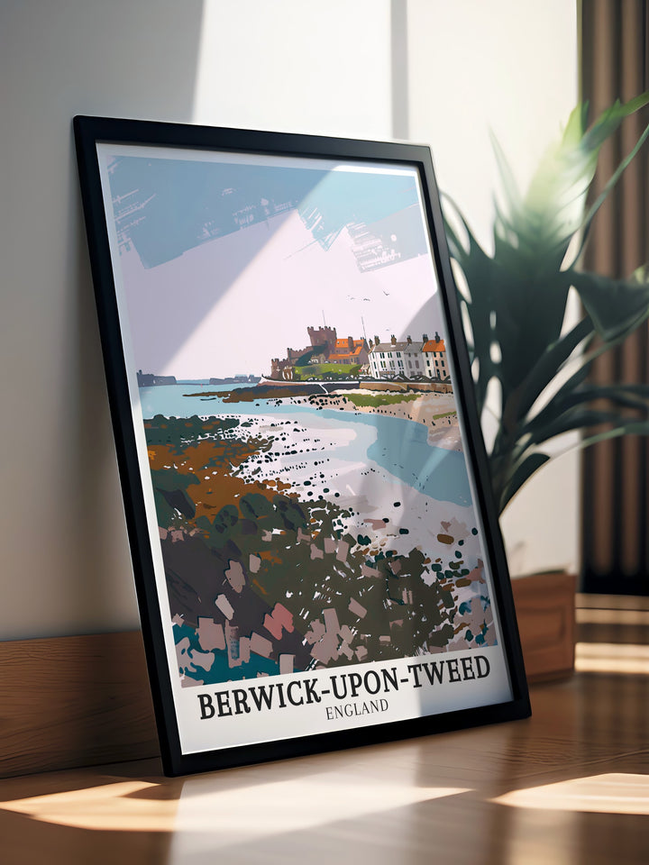 A framed art print showcasing Berwick upon Tweed and the Northumberland coastline, highlighting the regions natural beauty and historic charm. This British travel poster is an elegant addition to your art collection or home decor.