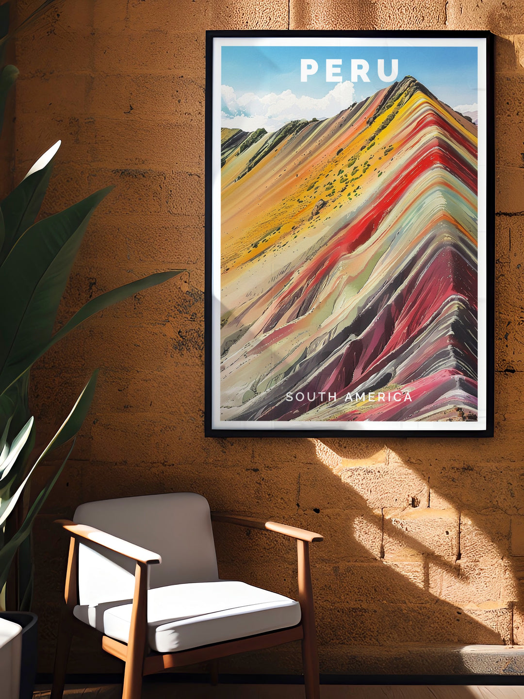 Rainbow Mountains canvas print showing the breathtaking natural stripes of red, yellow, and green in Peru. Paired with Limas urban scenery, this wall art creates a visually striking contrast between nature and city, ideal for any home or office.