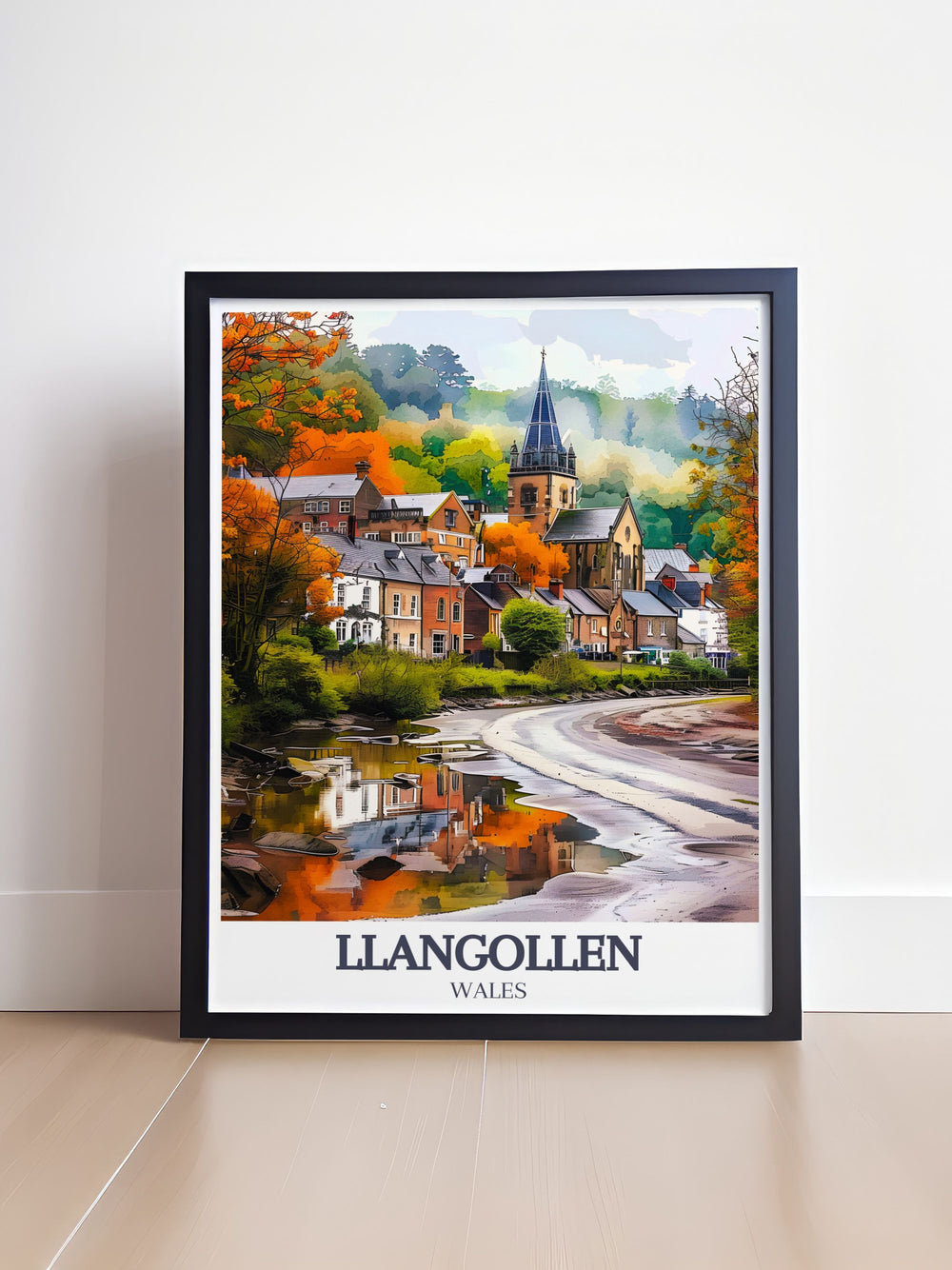 Showcase Llangollens charm with this wall art of River Dee, Llangollen Canal, and Llangollen Methodist Church, ideal for Wales artwork enthusiasts.