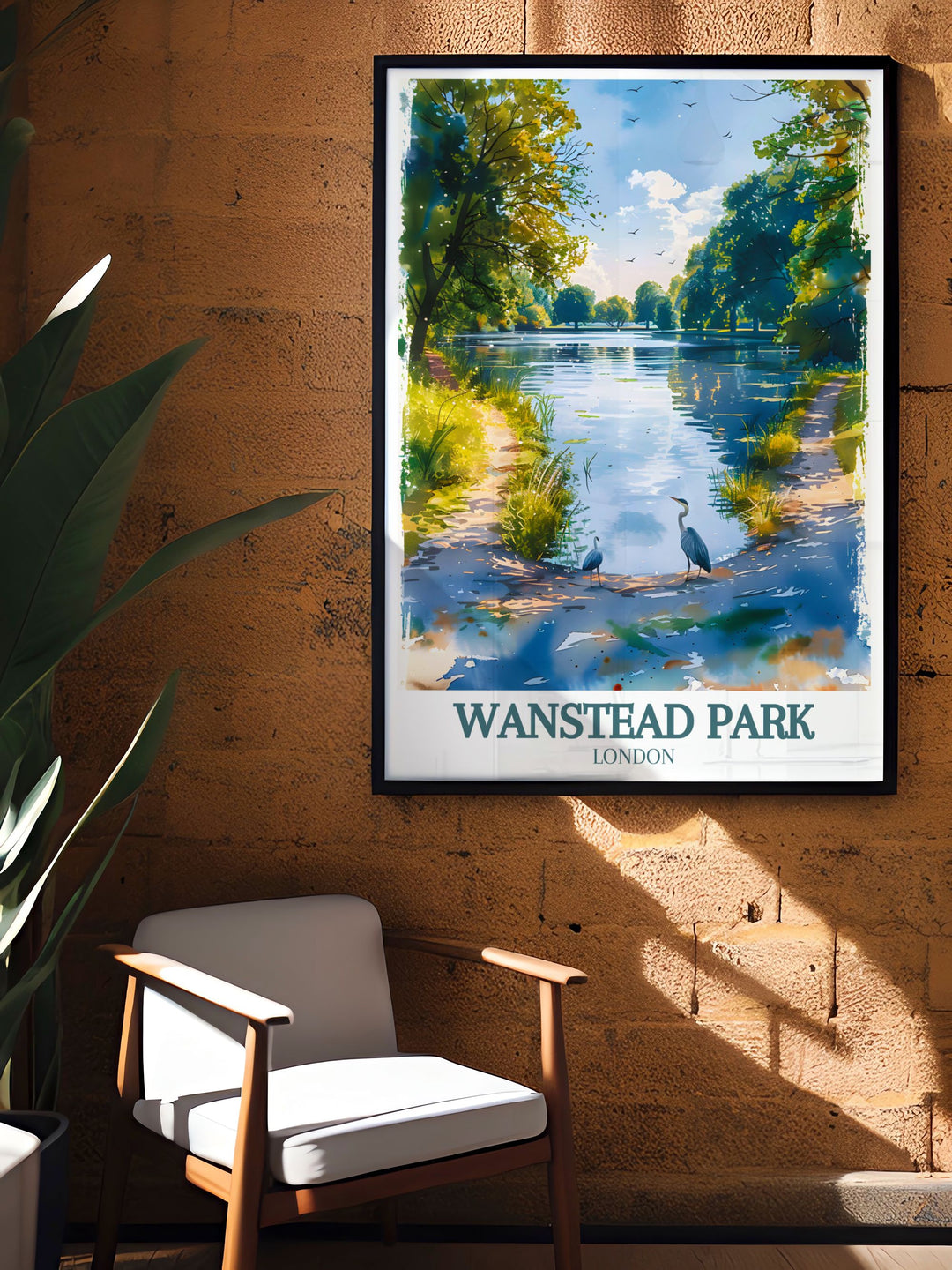 Wanstead Park travel poster capturing the parks lush greenery and peaceful environment. A must have for anyone who loves East Londons natural beauty and wants to incorporate it into their home decor.