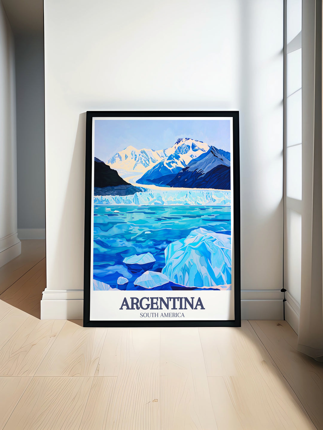 Perito Moreno Glacier, Los Glaciares National Park stunning travel poster showcasing the majestic icy expanse and pristine landscapes. Perfect for adding a touch of natural beauty to your home decor. Ideal for those who appreciate Argentina art and breathtaking scenery.