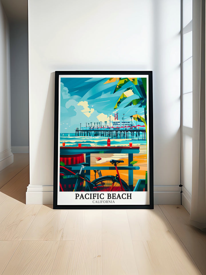 This vintage style travel poster captures the beauty of Pacific Beachs Crystal Pier and Boardwalk. A great gift for those who love Californias beaches, it evokes memories of sunny days spent by the ocean.