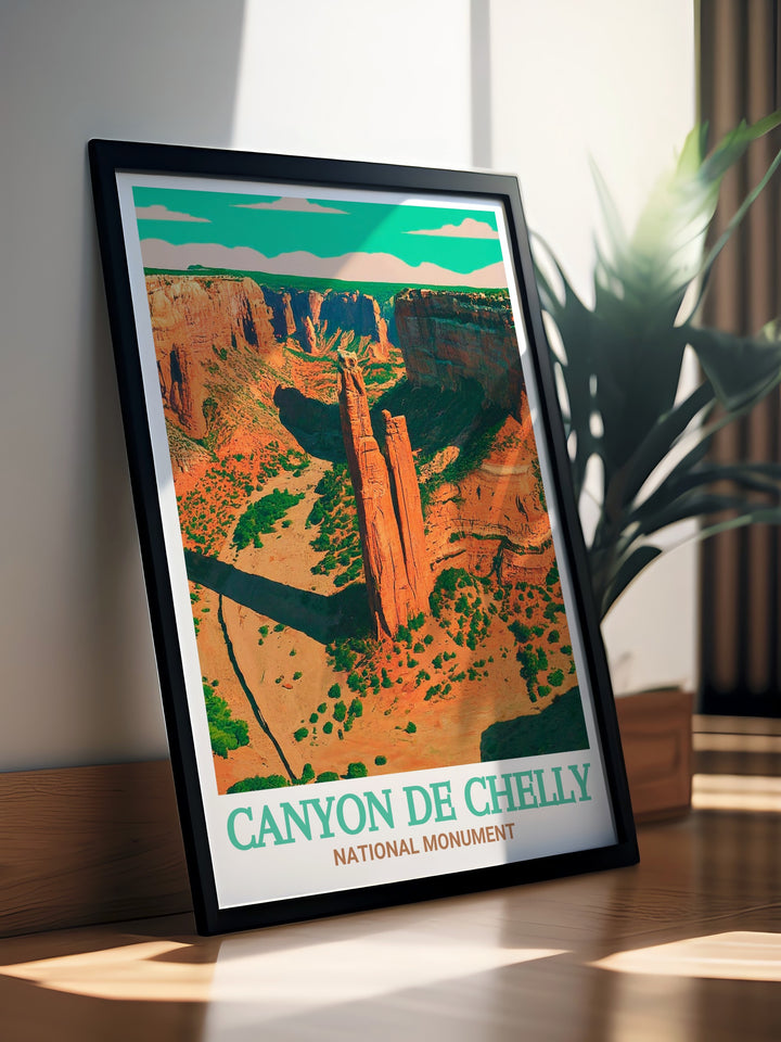 Bring the stunning landscapes of Arizona into your home with this travel poster, showcasing the breathtaking vistas of Canyon de Chelly and the striking silhouette of Spider Rock. A must-have for nature lovers and history enthusiasts.