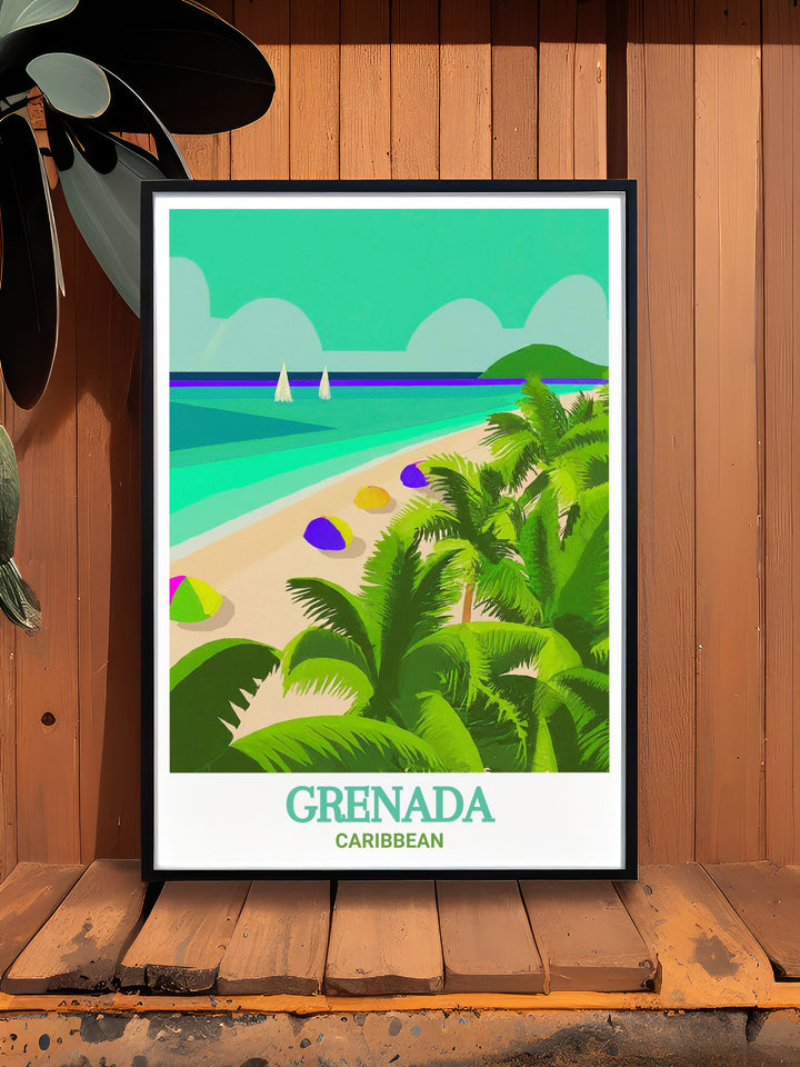 Grand Anse Beach art print showcasing the vibrant colors and intricate details of Grenadas stunning coastline. Ideal for adding a touch of elegance and warmth to any room.