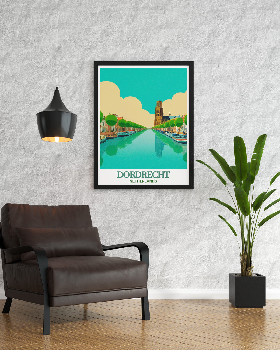 Dordrecht art print featuring the tranquil Merwede Canal, capturing the essence of Dutch landscape and history. This Netherlands travel poster is ideal for adding a calm, European touch to your decor.