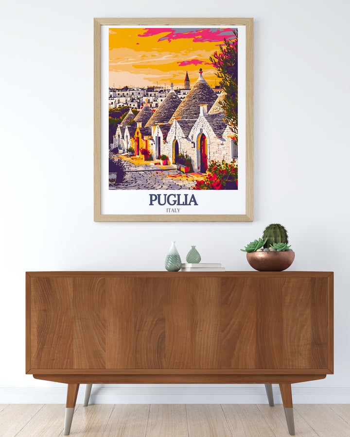 Enhance your home with our Alberobello Modern Prints featuring Trulli houses. This Italy Wall Art combines the rustic charm of Trulli houses with modern design, creating a stunning piece for your decor.