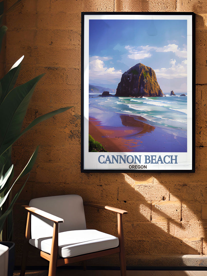 Vibrant Cannon Beach poster showcasing the beauty of Haystack Rock with colorful art and fine line prints ideal for brightening up any room with its lively depiction