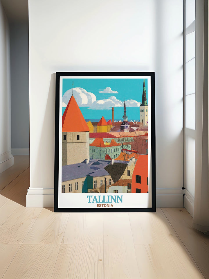 An Estonia travel print showcasing the beauty of Tallinn Old Town. This poster captures the essence of Estonias medieval architecture, perfect for anyone looking to decorate their home with a unique piece of European art. A great gift for those who love to explore historical cities.