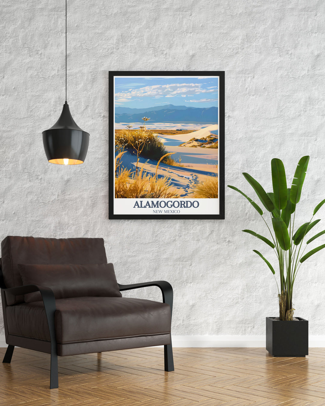 Stunning Alamogordo travel poster showcasing White Sands National Park and White Sands Missile Range perfect for New Mexico decor lovers who want to add desert beauty to their walls this print brings a bold and captivating landscape to any living space.