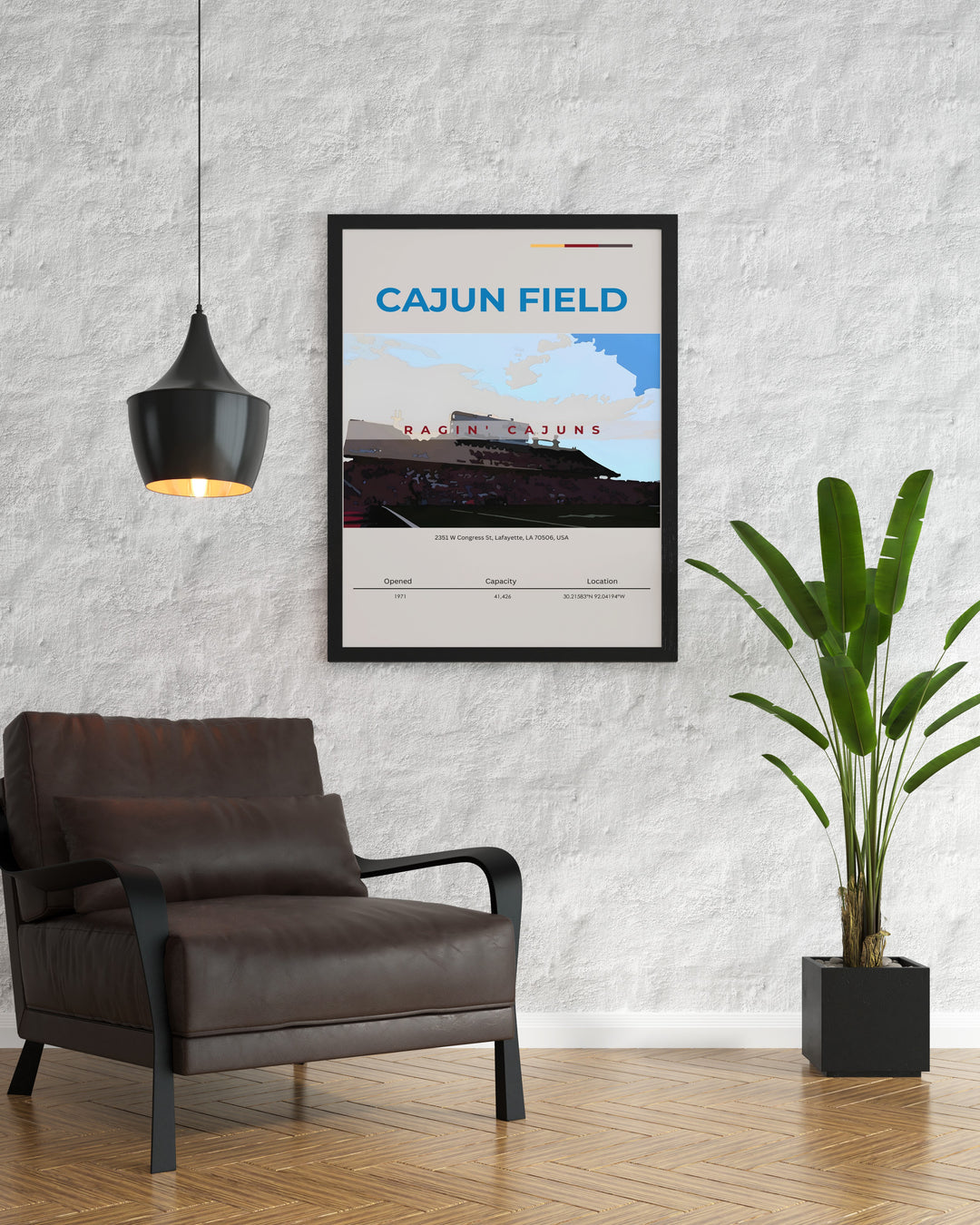 Cajun Field poster designed with retro flair for fans of Ragin Cajuns football. This vibrant college dorm print adds excitement to any space with its bold colors and dynamic imagery making it the perfect addition to football themed home decor.