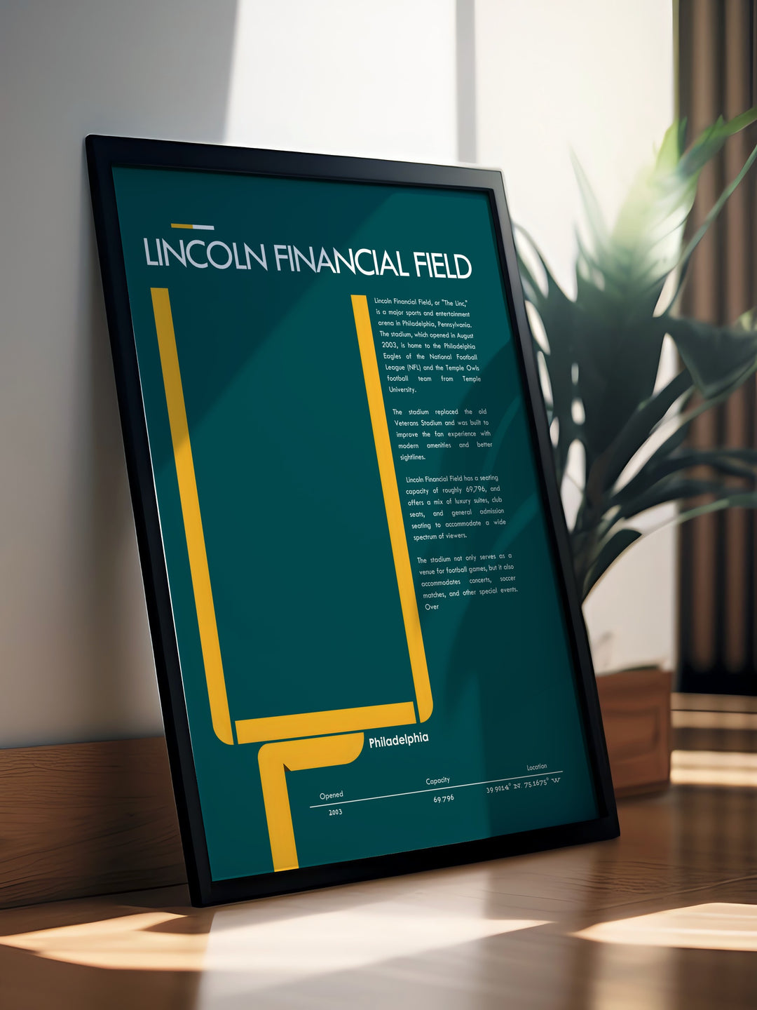 Philadelphia Eagles fan gift in the form of a stunning Lincoln Financial Field artwork perfect for football enthusiasts. This minimalist sports poster makes a great addition to mid century modern interiors and is a thoughtful gift for dads boyfriends and sports lovers.