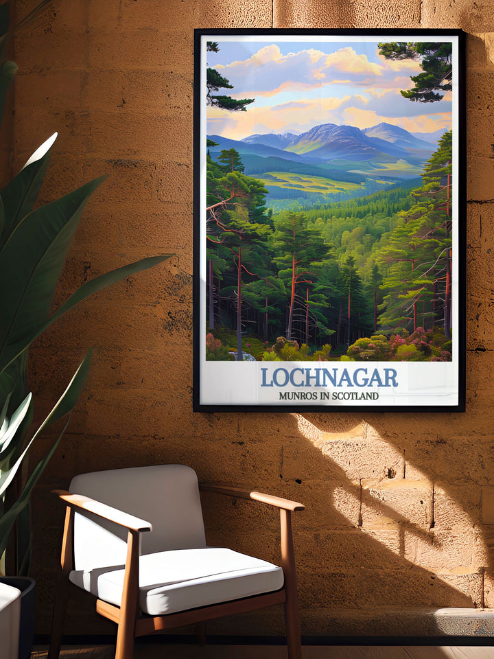 Ballochbuie Forest Artwork featuring the majestic peaks of the Scottish Highlands with vintage travel prints of Lochnagar Munro and Beinn Chìochan Munro bringing the beauty of nature into your home or office
