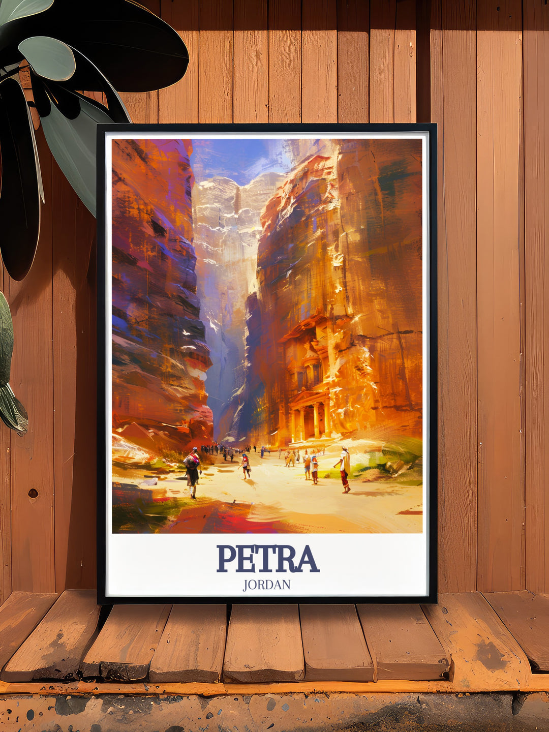 Petra Travel Poster showcasing the famous entrance to Petra through The Siq, leading to the magnificent Treasury. This wall print celebrates the timeless beauty of Jordans most iconic landmarks, perfect for those who love adventure and history.