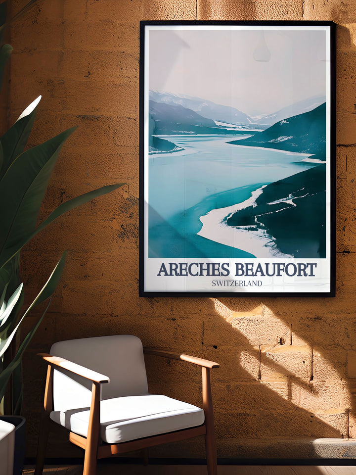 French Alps Ski Resort Poster featuring Areches Beaufort Le Planay Lac de Roselend brings a retro touch to any room This vintage skiing print is ideal for fans of classic ski art and adds a warm alpine atmosphere to your home decor