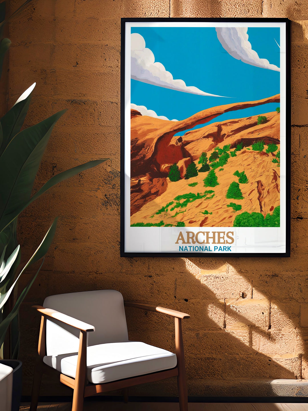 Landscape Arch vintage print depicting the iconic formation in Arches National Park blending seamlessly with various decor styles ideal for National Park enthusiasts and outdoor adventurers.