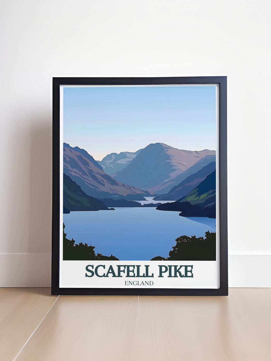 Lake District travel poster featuring Scafell Pike and Wastwater lake a perfect gift for hikers and outdoor enthusiasts who love the serene beauty of Englands national parks ideal for enhancing any living room or office.