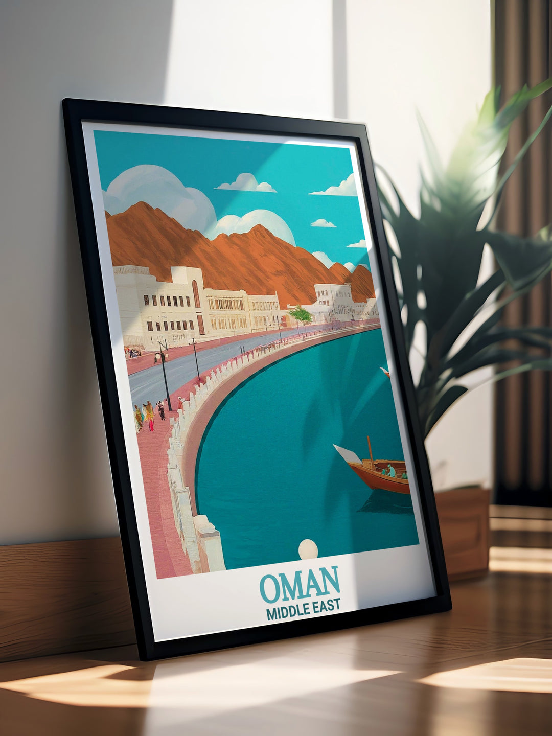 Celebrate the charm of Oman with this travel print showcasing the iconic Mutrah Corniche. This digital download brings the elegance of Muscats coastline into your space, highlighting the colorful architecture and shimmering waters.