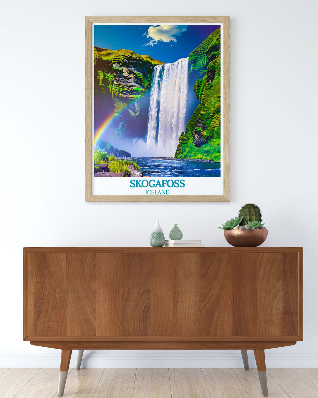 Reveal the captivating charm of Skogafoss with this travel poster, illustrating the majestic waterfall and the magical rainbow that graces its mist.