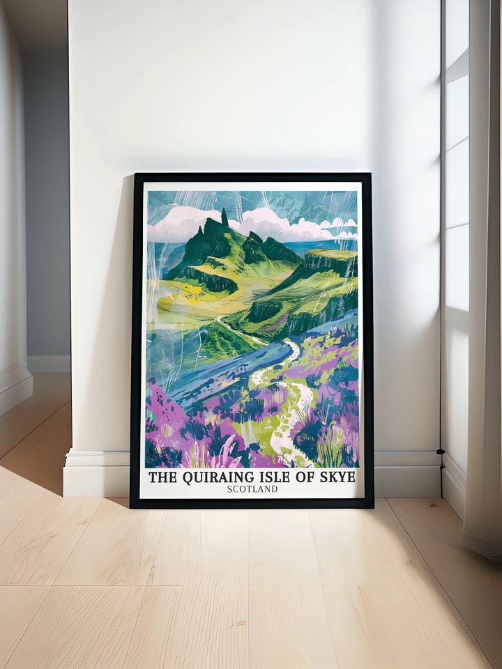 The Quiraing Isle of Skye Travel Print featuring The Table and Trotternish Ridge showcasing the rugged landscape and scenic beauty of Scottish hiking trails with detailed illustrations of the Old Man of Storr and picturesque vistas ideal for enhancing home decor.