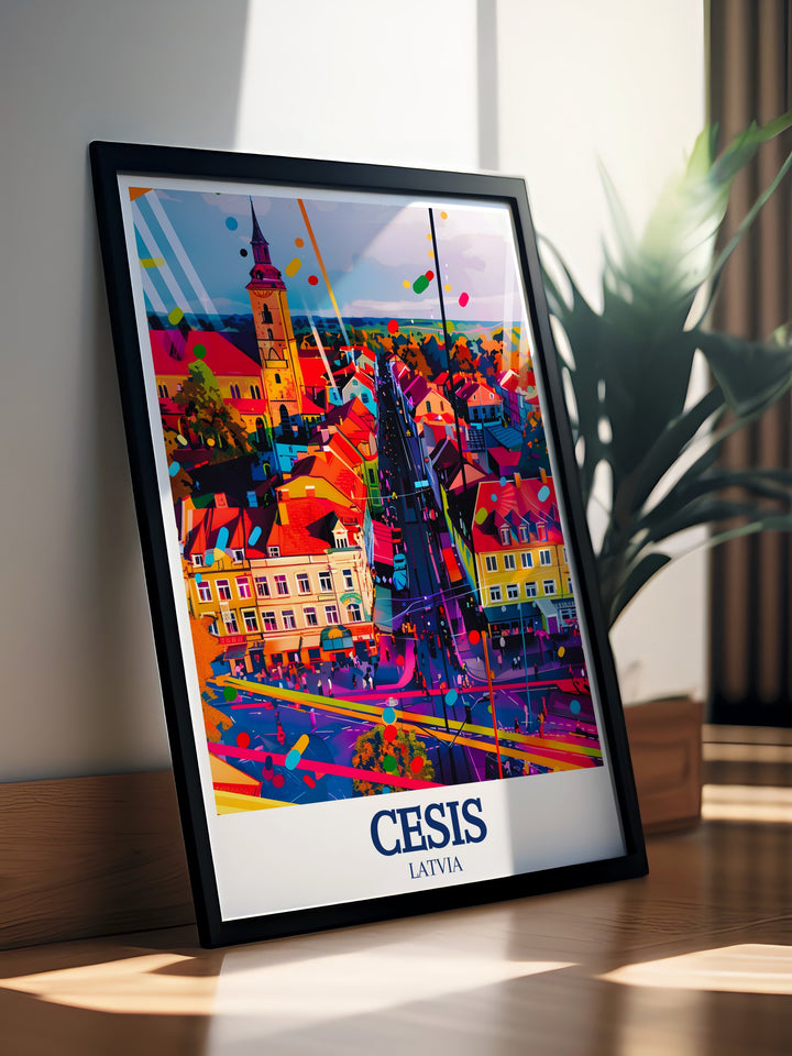 Artistic print of Cēsis, Latvia, capturing the medieval essence of Cēsis Old Town and the historical significance of St. Johns Church. This piece is a must have for those who love travel and history inspired art.