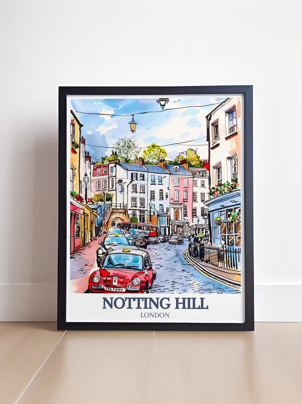 A beautiful Notting Hill Poster Print featuring the iconic landmarks of Portobello Road and Talbot Road in London. Perfect for travel lovers or anyone who wants to add a touch of Londons charm to their home décor. Printed on premium archival paper for long lasting quality.