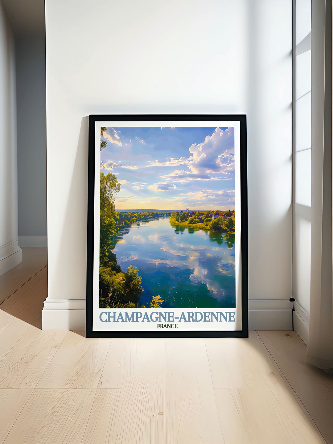 Stunning travel print of the Marne River in France showcasing lush vineyards and charming villages. Perfect for wall art or gifts, this poster captures the serene beauty of Champagne Ardenne with exquisite detail and vibrant colors, ideal for home decor.