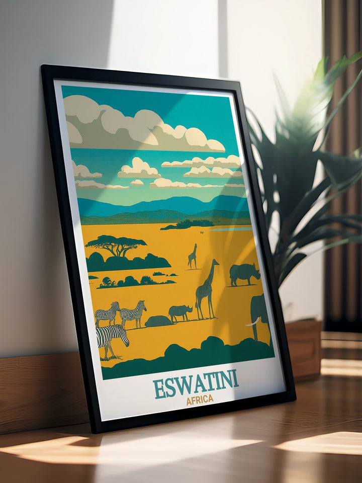 Eswatini poster print captures the breathtaking landscapes of Hlane Royal National Park, showcasing the wild beauty of Africa with its sweeping grasslands and diverse wildlife. This travel print brings a touch of African adventure to your home, perfect for nature lovers and travel enthusiasts.