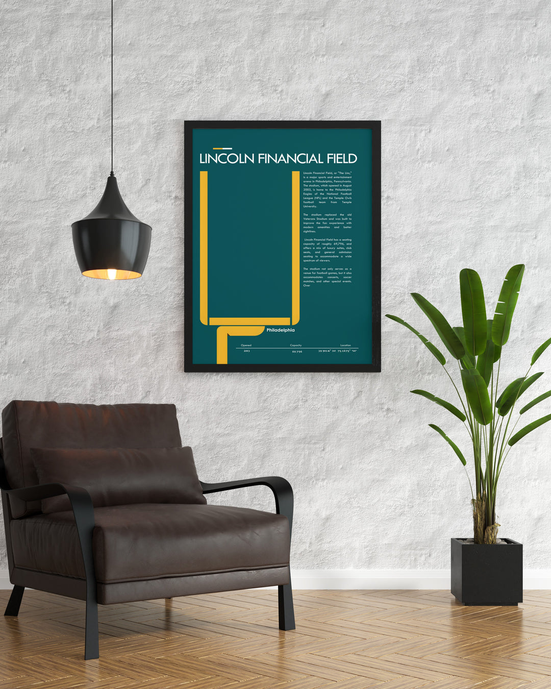 Lincoln Financial Field modern prints are perfect for adding a touch of NFL pride to your living room or sports office. This sports poster brings a clean and contemporary design that suits any Eagles fan decor from minimalist bedrooms to football inspired man caves.