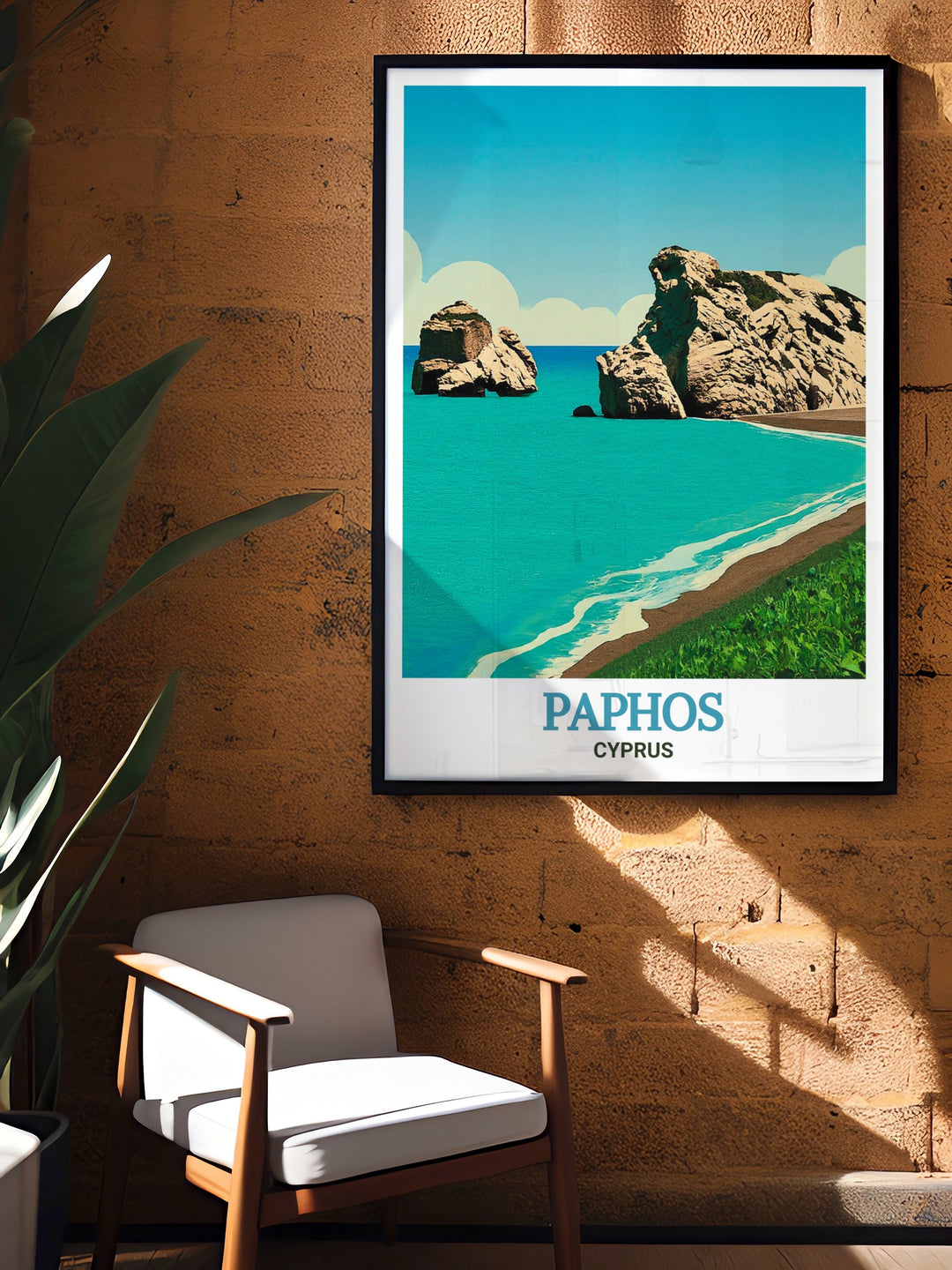 Experience the allure of Cyprus through this travel print, highlighting the stunning landscapes and mythological significance of Paphos and Aphrodites Rock. Ideal for adding a touch of elegance and history to your art collection.