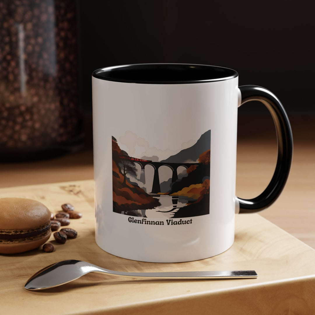 A stunning Glenfinnan Viaduct mug showcasing the beauty of Scottish heritage. Made from ceramic, it is perfect for coffee or tea lovers and features a colorful design that highlights the iconic viaduct's charm.