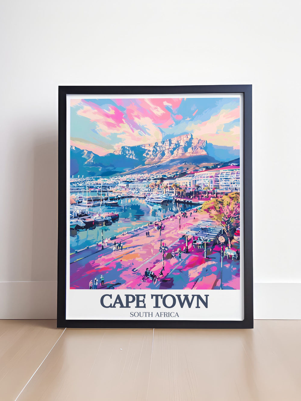 Cape Town Poster Print captures the majestic Table Mountain and the vibrant Victoria and Alfred Waterfront. This travel print is perfect for those who want to bring a piece of Cape Towns natural beauty and lively urban atmosphere into their home decor.