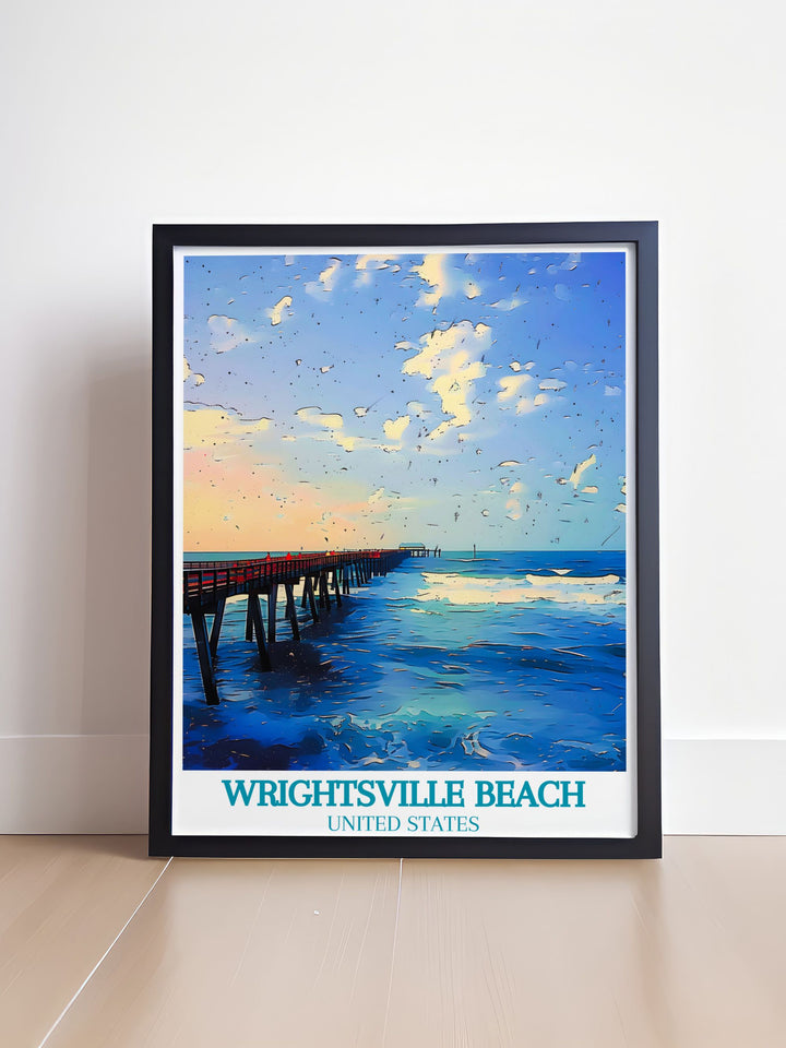 Johnnie Mercers Pier at Wrightsville Beach is the focal point of this stunning art print. The minimalist poster design and vintage inspired colors make this wall art print a perfect choice for those looking to bring the beauty of the beach into their home.