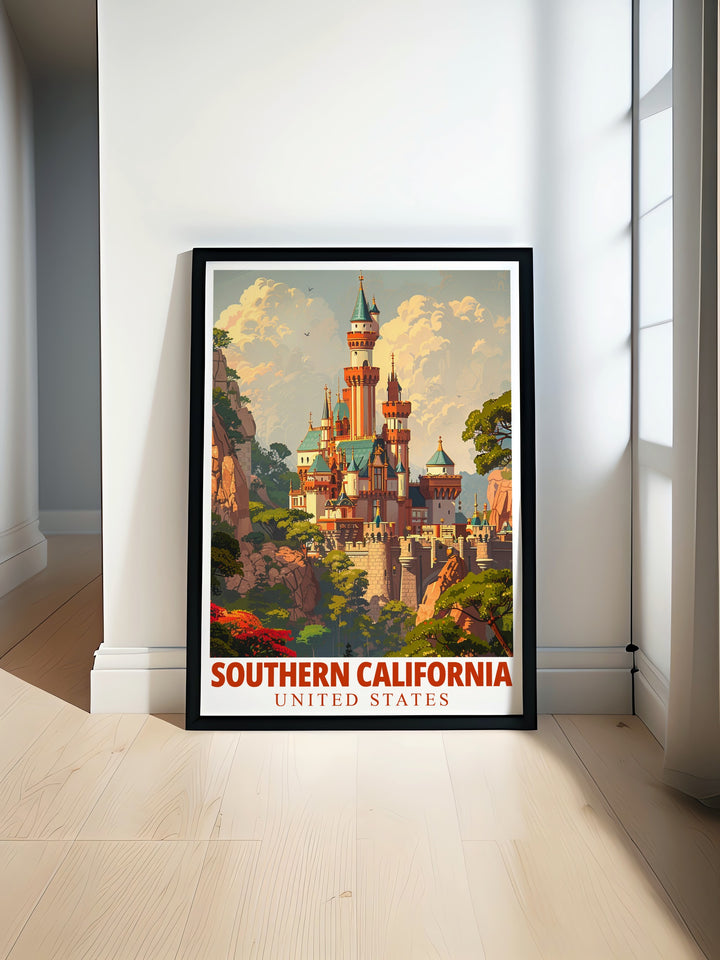 Sleeping Beauty Castle in Southern California is the star of this vibrant art print. The fine line details and bold colors create a stunning visual, making it the perfect addition to any Disney fans collection.